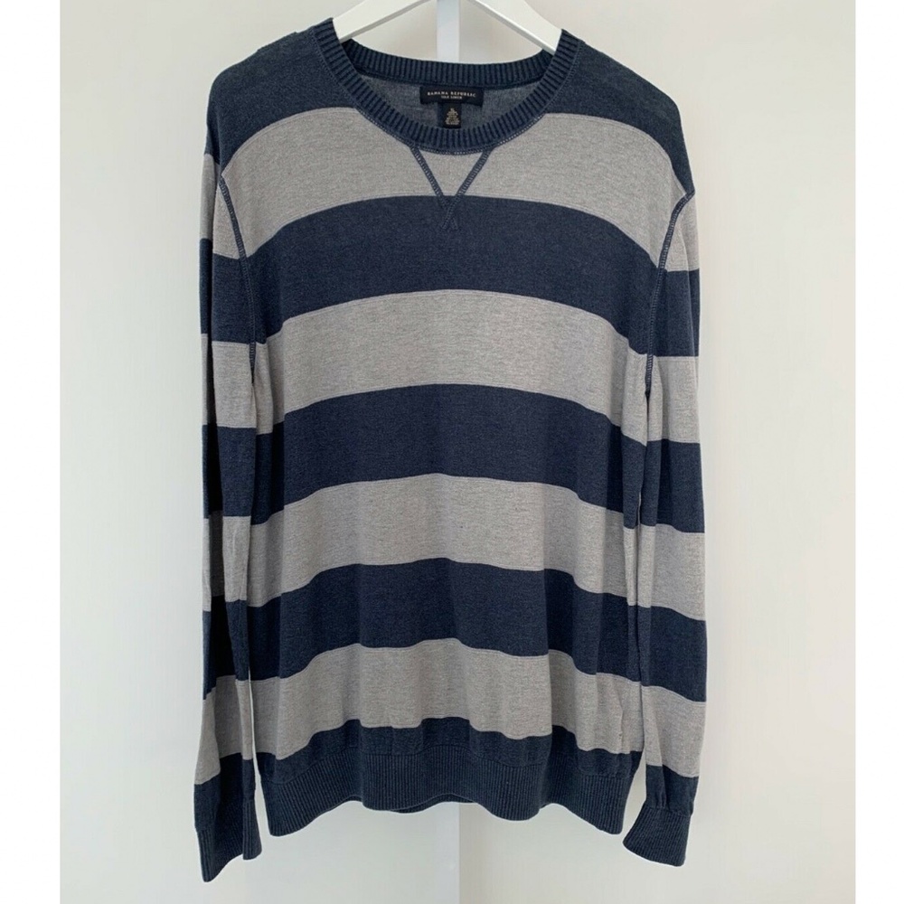 BANANA REPUBLIC NAVY BLUE GRAY STRIPE SWEATER XL - Picture 4 of 15